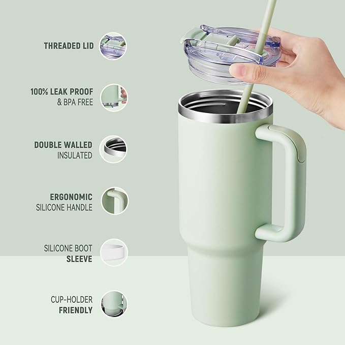 COKTIK 40 oz Tumbler With Handle and Straw, Insulated Tumbler With Leakproof Lids, Stainless Steel|BPA-Free, Cold for 24 H (Seafoam)