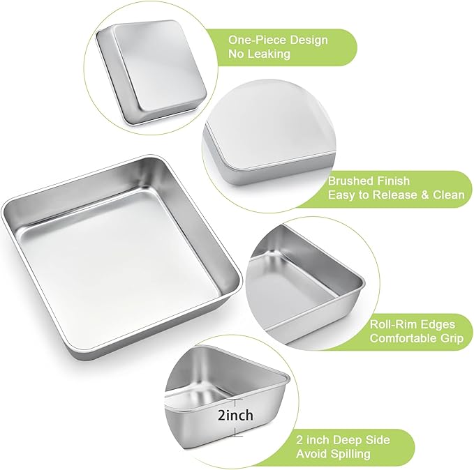TeamFar 9 Inch Square Cake Pan Set of 2, Stainless Steel Square Baking Pan for Lasagna Cake Brownie, Healthy & Heavy Duty, Dishwasher Safe & Easy Clean, Deep Wall & Smooth Edge