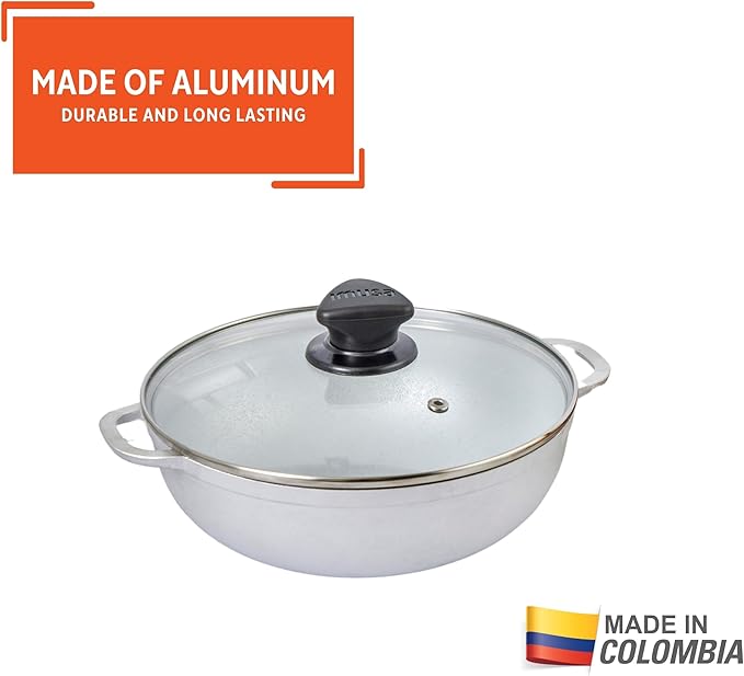 IMUSA Caldero Stock Pot with Glass Lid 2QT, 20cm, Cast Aluminum, Perfect for Serving Small Groups, Riveted Handles, Made in Colombia, Silver