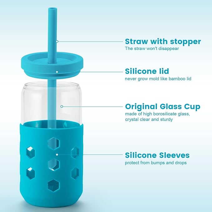 16 oz Glass Cups With Lids and Straws, 4-Pack Iced Coffee Cup - Smoothie Cup With Silicone Lid and Sleeve for Coffee Bar Accessory, Cute Drinking Glasses Set Reusable Glass Tumbler for Gifts