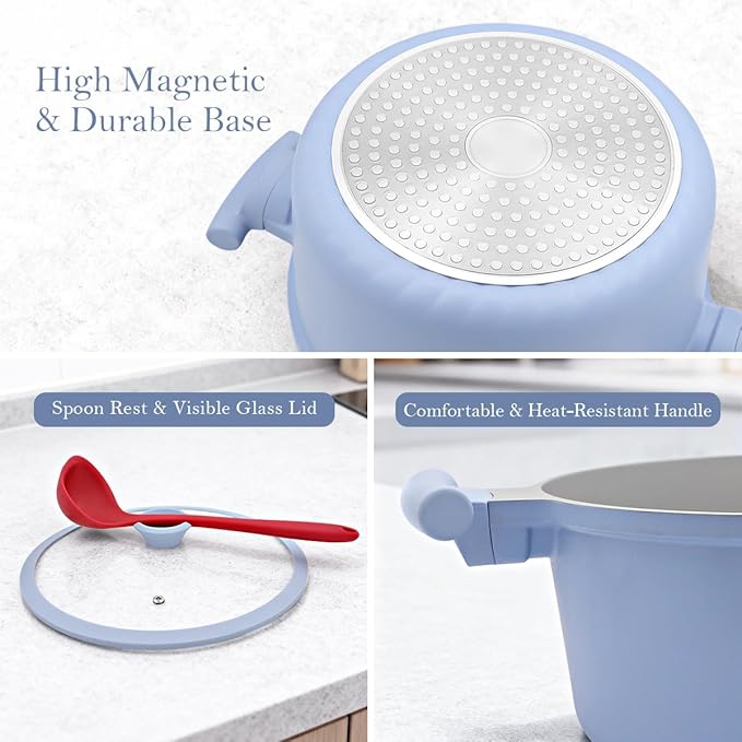 4.5 Quart Stock Pot with Lid, Non Stick Cooking Pot, Ceramic Soup Pot Nonstick, Induction Cookware for Pasta,Soup,Spaghetti, Stay-Cool Handle, Suitable for All Stoves, PFAS-Free, Blue