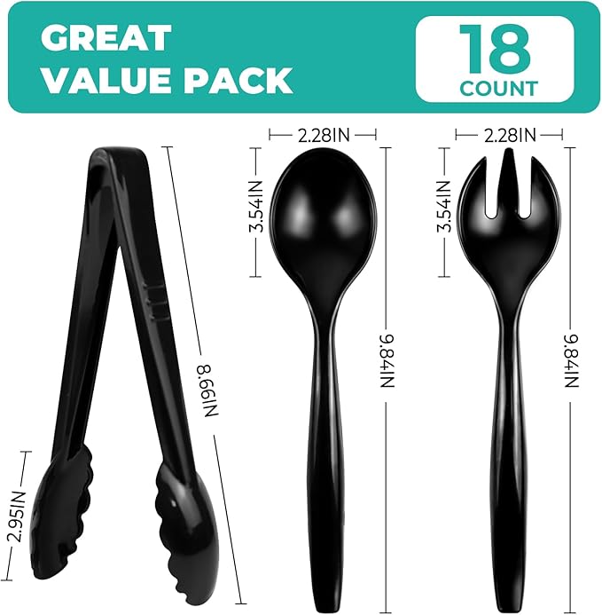 CXPSINC Disposable Plastic Serving Utensils Set 18-Piece, Including 6 Black Plastic Serving Spoons, 6 Tongs & 6 Forks, Disposable Serving Utensils For Catering Buffets Events (Black, 18pcs Utensils)