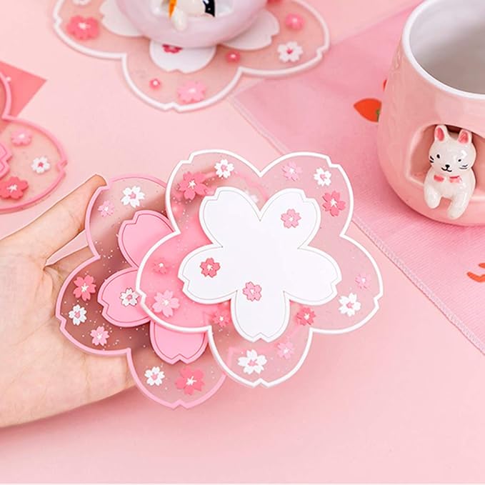 Sakura Coasters Set of 6 Kawaii Cup Mat Anti-Skid Pot Bowl Pad Placemats PVC Cherry Blossom Coaster for Drinks Coffee Table Cute Room Home Kitchen Decor Kawaii Desk Accessories(4.3in)