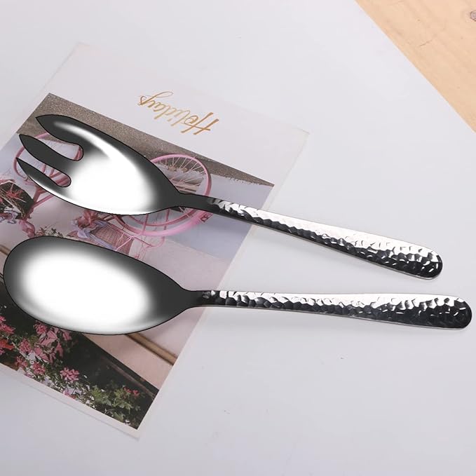 Salad Spoon and Fork Stainless Steel Tong Serving Set, Heavy Duty Hammered Finish Serving Utensils Large Salad Servers for Kitchen Party Buffet Supply (Silver)