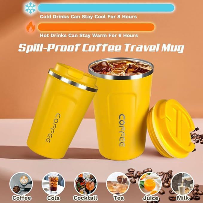 Travel coffee mugs leak-proof, reusable coffee cup with lid, stainless steel vacuum insulated coffee tumblers, thermal insulation cups for men & women keep drinks hot & cold (2nd-Yellow, 12OZ)