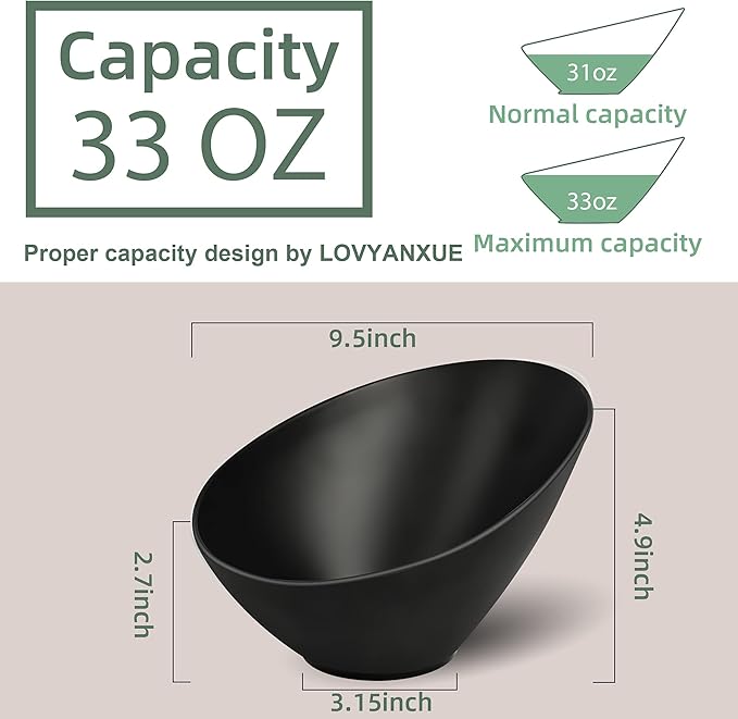 Bamboo Fiber Salad Bowls, 4 Packs Compostable 33 Ounce Elegant Black Angled Bowls for Salad, Pasta, Soup, Prep, Ideal for Home and Restaurant