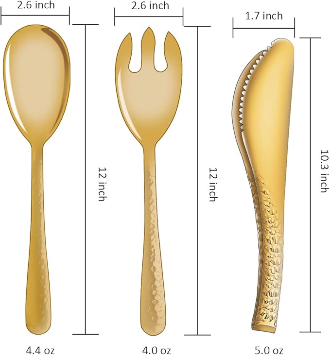 Salad Spoon and Fork Stainless Steel Tong Serving Set, Heavy Duty Hammered Finish Serving Utensils Large Salad Servers for Kitchen Party Buffet Supply (Gold)