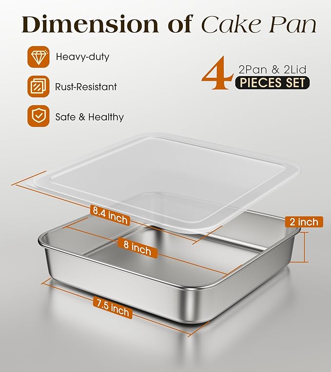 8 x 8-Inch Baking Pan with lid, 304 Stainless Steel Square Cake Pan, Bakeware for Cakes Brownies Casseroles, Thicker Rectangle Sheet Cake Pans, Non-toxic & Heavy Duty & Dishwasher Safe - Set of 2