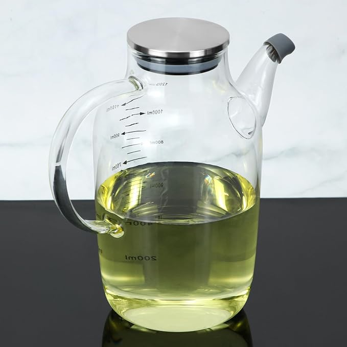QWORK 1200ML/40Oz Large Glass Cooking Oil Bottle with Stainless Steel Lid, Oil & Vinegar Dispenser Bottle for Olive Oil, Vinegar, Soy Sauce, Kitchen No Drip Liquid Container