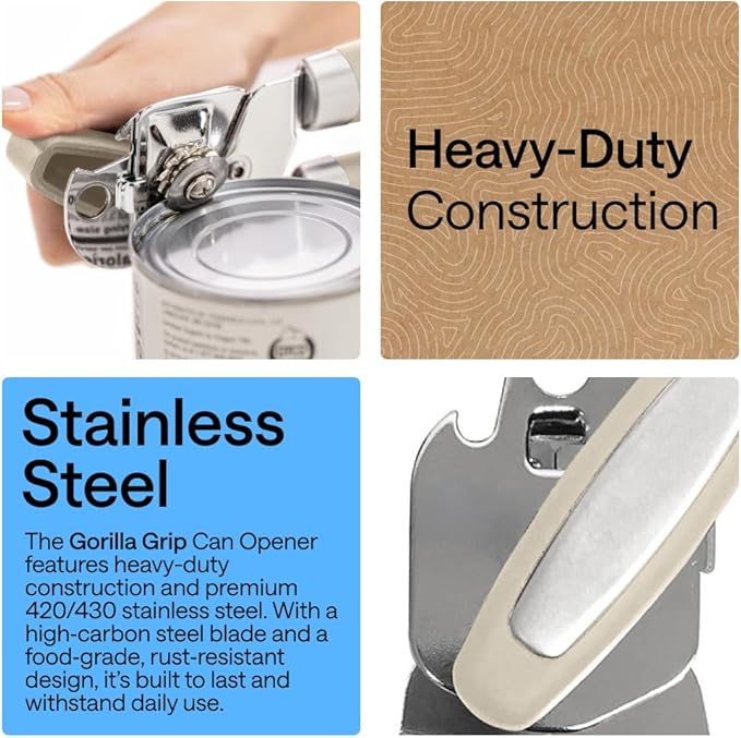 GORILLA GRIP Heavy Duty Stainless Steel Smooth Edge Manual Can Opener and Bottle Openers, Soft Comfortable Handle, Oversized Handheld Turn Knob, US Designed Multifunctional Kitchen Tool, Almond