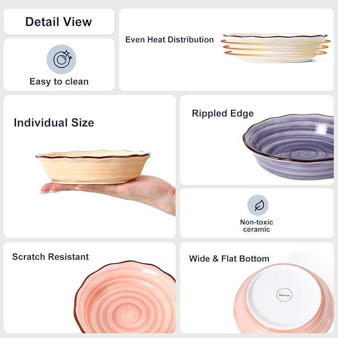 Selamica Ceramic Mini Pie Pans Set of 6, 6 Inch Pie Dish for Baking, Small Pie Plate with Fluted Edge for Apple, Quiche, Pot Pies, Microwave & Oven Safe, Maillard