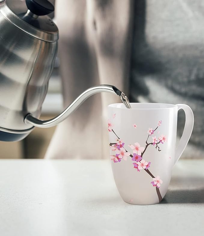 Tea Cup with Infuser and Lid for Steeping Loose Leaf Tea Bag Coffee Milk Women Office Home Gift 16oz Peach Blossoms