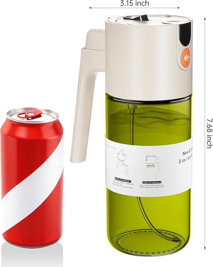 Upgrade 2 in 1 Oil Sprayer for Cooking, 17oz Light-Blocking Glass Olive Oil Dispenser Bottle for Kitchen,Food-Grade Oil Mister with 8 Stickers for Salad, Frying (Green Bottle-White Gap)