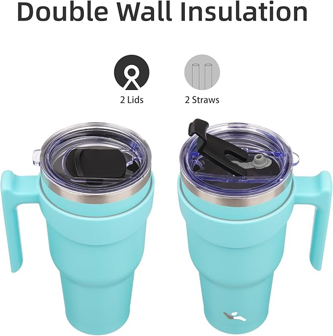 40 oz Tumbler with Handle and 2 Straw 2 Lid, Insulated Water Bottle Stainless Steel Vacuum Cup Reusable Travel Mug,Turquoise