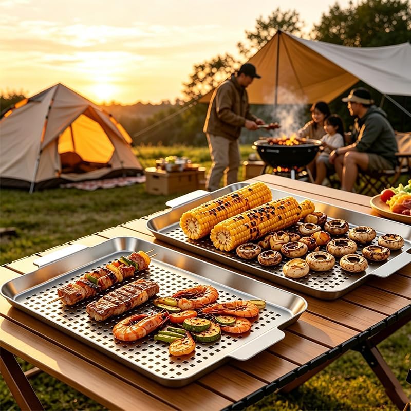 2PCS Grill pan: Stainless steel Grill topper for outdoor grill - easy clean grill topper suitable for camping, picnic, party