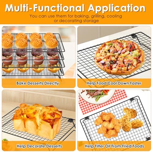 2 Pack Cooling Racks for Cooking and Baking, 13.4 x 9.4 Inch 2-Tier Stackable Cookie Cooling Rack Tall Baking Racks, Carbon Steel Roasting Wire Rack for Baking, Grilling Making Jerky (Black)