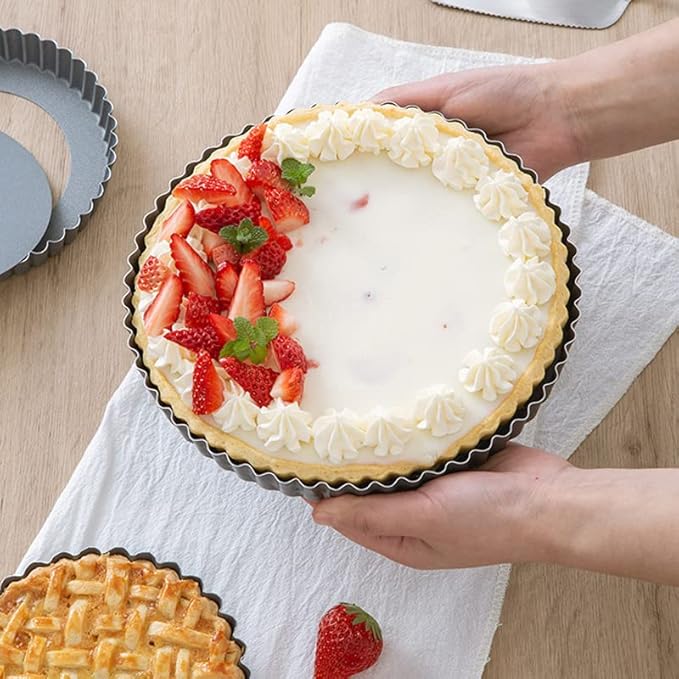 Tart Pan 10 Inch Tart Pan Carbon Steel Round Non-Stick Pan Quiche Pan with Removable Chassis for Mousse Cakes, Kitchen Reusable Baking Tool with A Depth of 1.18 Inches.