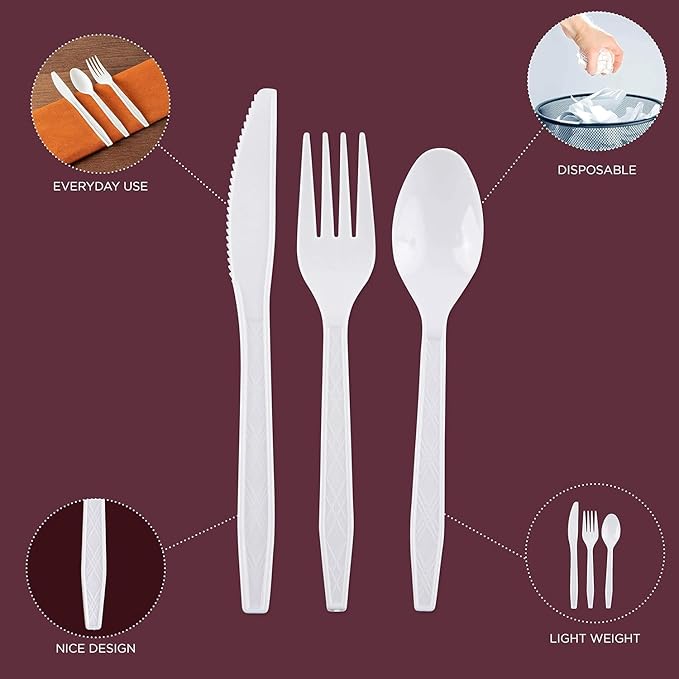 PARTY BARGAINS Argyle White Plastic Cutlery Set 720 -Piece – 360 Forks, 240 Spoons, 120 Knives – Heavy-Duty Disposable Utensils for Parties, Weddings, Buffets, BBQs & Catering – BPA Free