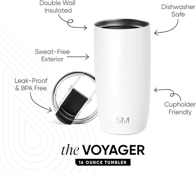 Simple Modern Voyager Tumbler with Flip Lid | Travel Coffee Mug | Insulated Stainless Steel Cold Brew Iced or Hot Coffee Cup | Gifts for Women Men Her Him | 16oz, Winter White