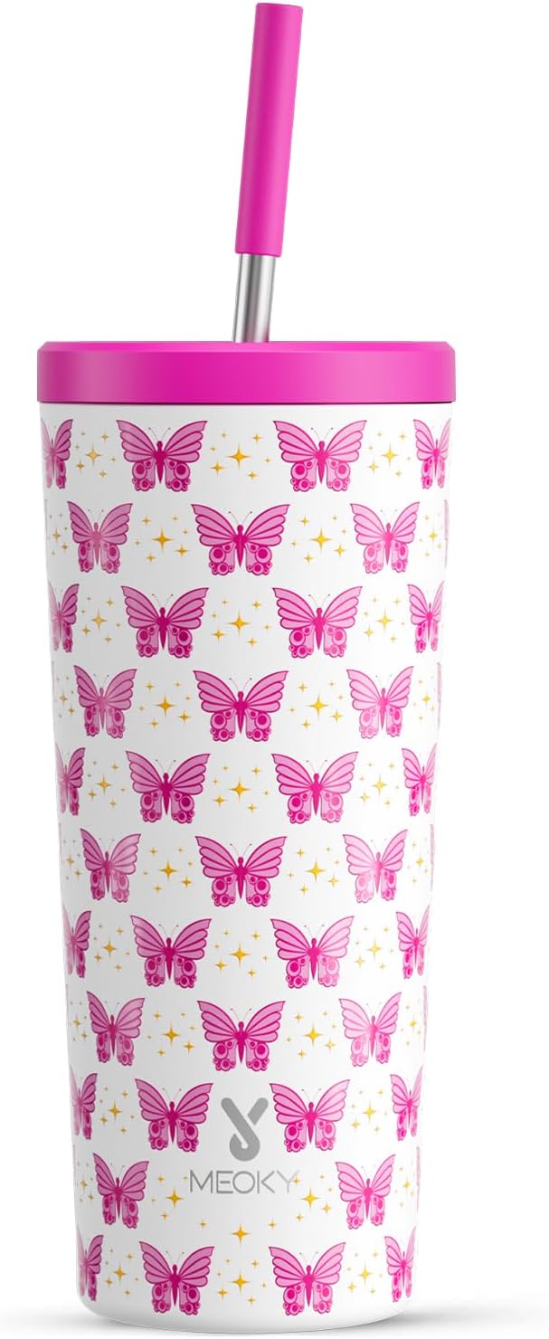 Meoky 24 oz Insulated Tumbler with Lid and Straw, Stainless Steel Vacuum Insulated Tumbler, Keeps Cold for 24 Hours, 100% Leak Proof, Fits in Car Cup Holder (Butterfly)