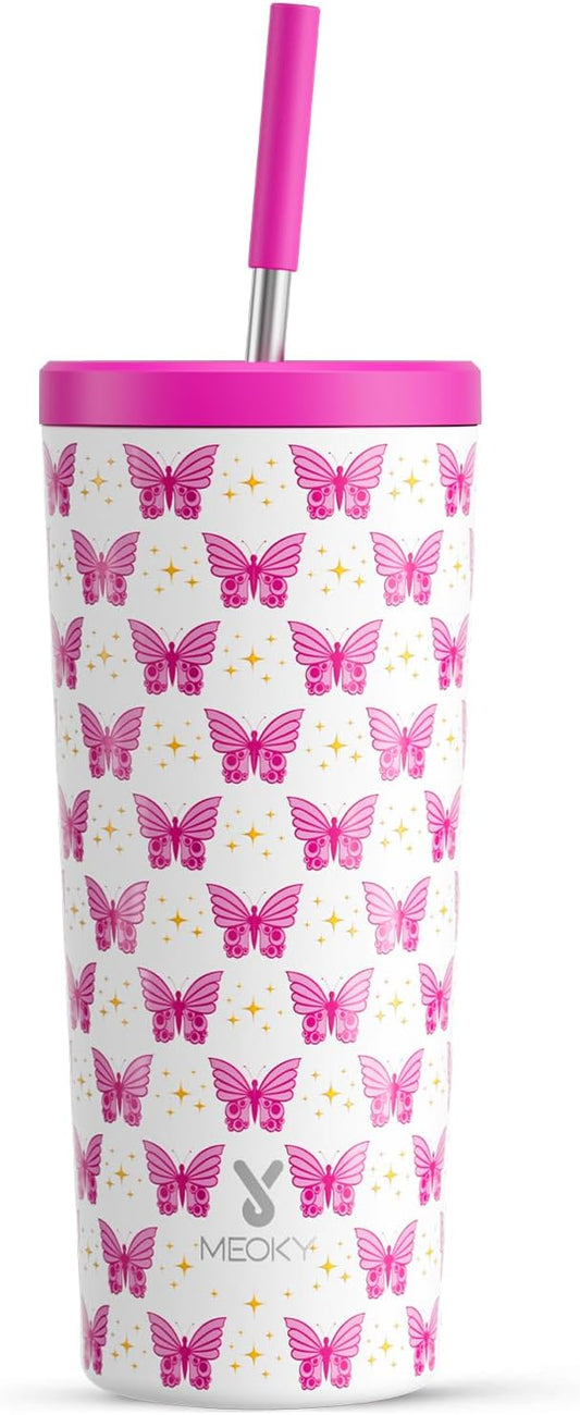 Meoky 24 oz Insulated Tumbler with Lid and Straw, Stainless Steel Vacuum Insulated Tumbler, Keeps Cold for 24 Hours, 100% Leak Proof, Fits in Car Cup Holder (Butterfly)