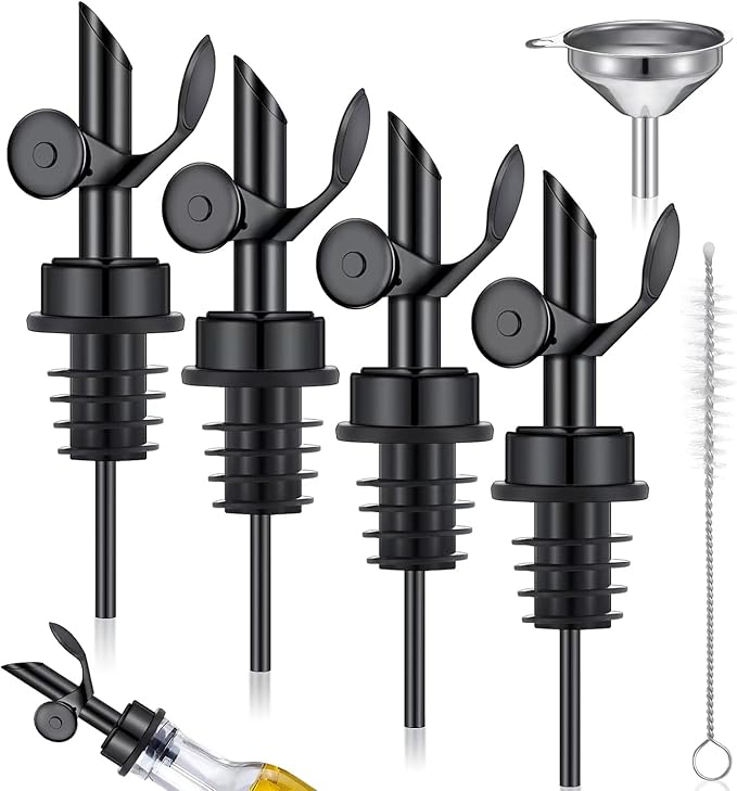 Tioncy 4 Pieces Weighted Stainless Steel Pourers Olive Oil Spout Olive Oil Dispenser Spout Automatic Opening and Closing with Funnel and Brush for Pouring Wine Syrup Kitchen(Black)