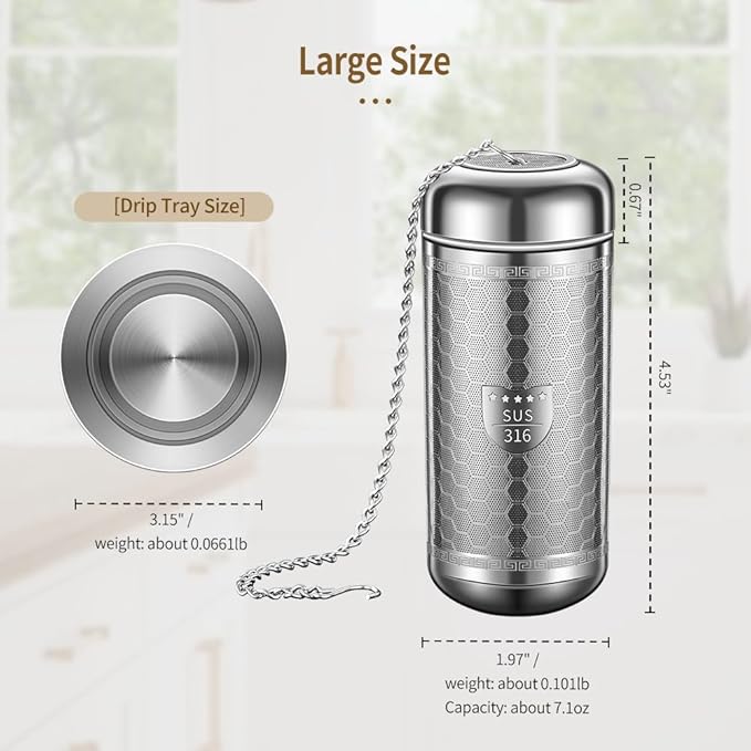 2 Pack Tea Infuser with Drip Tray, Extra Fine Mesh Tea Infusers for Loose Tea, 316 Stainless Steel Tea Strainer with Extended Chain Hook, Tea Steeper (2 Pack - Large)