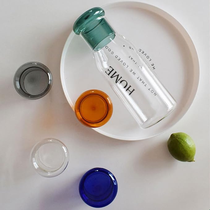 hjn Glass Pitcher with glass cup Water Carafe with Lid, Fridge Water Jug Cold or Hot Beverages, Iced Tea, Milk, Juice 830ml/28oz & clear cup lid (Glass Pitcher-Cricket Blue cup lid)