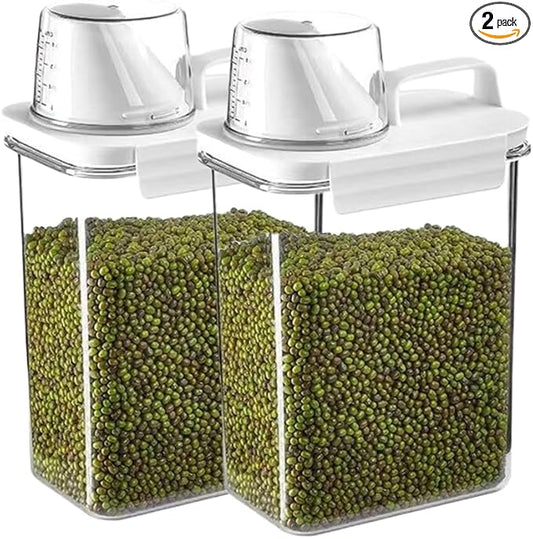 2Pcs Rice Dispenser Storage Containers, 1.8L Small Rice Bucket with Measuring Cup & Pour Spout, Kitchen Plastic Airtight Container for Cereal, Grain, Flour, Sugar, Oatmeal, Dry Pet Dog Food