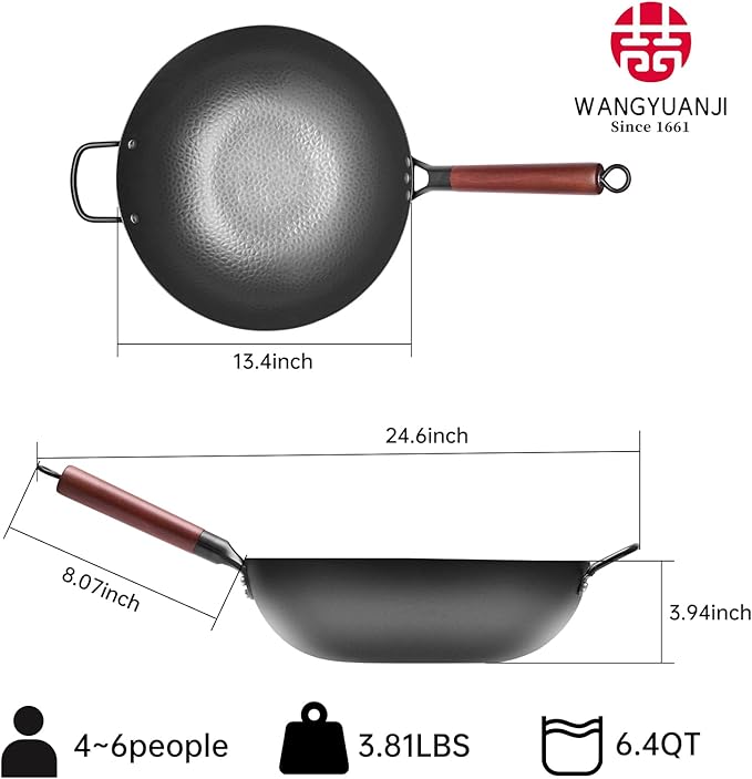 WANGYUANJI 13.4"Carbon Steel Wok Pan with Lid (34cm),Large Flat Bottom Stir Fry Pan for Electric,Induction & Glass Top Stoves, High Stability No-Wobble Design, Lightweight Chinese Cookware, 4-6 People