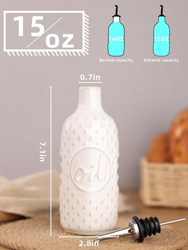 Ceramic Olive Oil Dispenser Bottle,15 Oz Oil Dispenser for Kitchen Counter,Suitable for Storage Oil, Vinegar, Coffee Syrups & Other Liquids (Vintage White)
