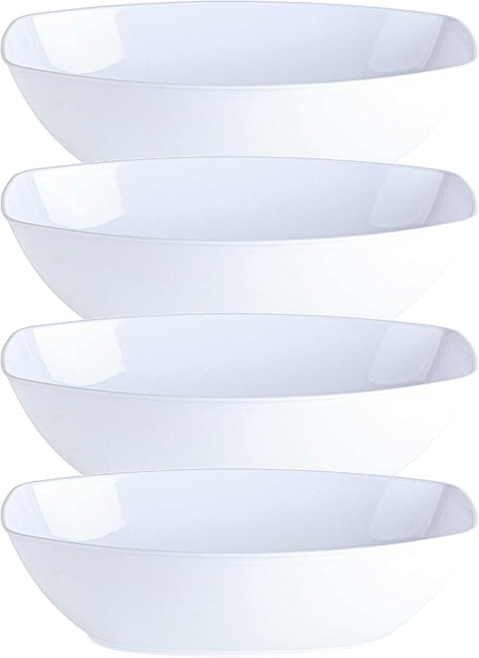 PLASTICPRO Disposable Oval Serving Bowls, Party Snack or Salad Bowl, 72-Ounce, Plastic (4, WHITE BOWLS)