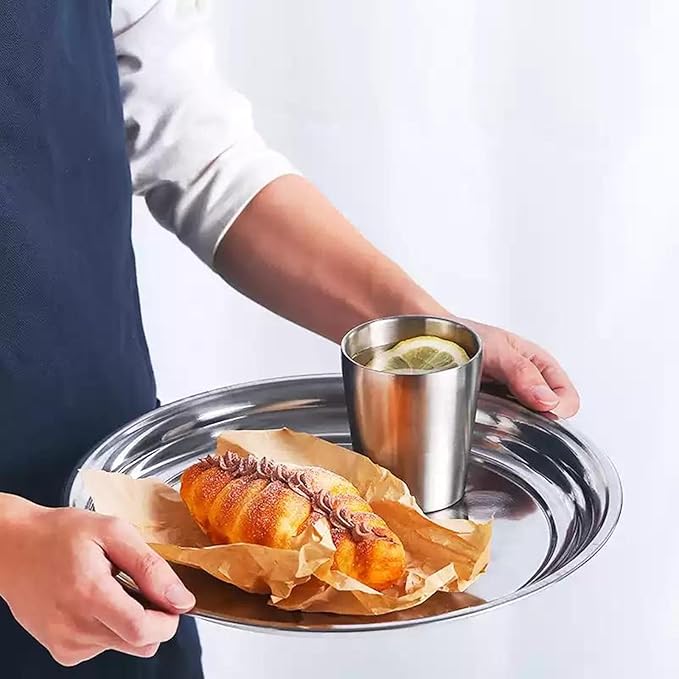 8 Pack Stainless Steel Round Serving Tray, 12 Inch Silver Oven Baking Tray, Dishwasher Safe Sturdy Metal Display Tray for Coffee Table, Bar, Party, Club, Home, Ottoman