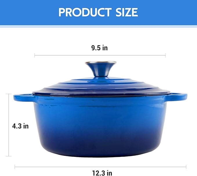 4 Quart Dutch Oven Enameled Cast Iron with Lid - Big Dual Handles - Oven Safe up to 500°F - Classic Round Pot for Versatile Cooking Blue
