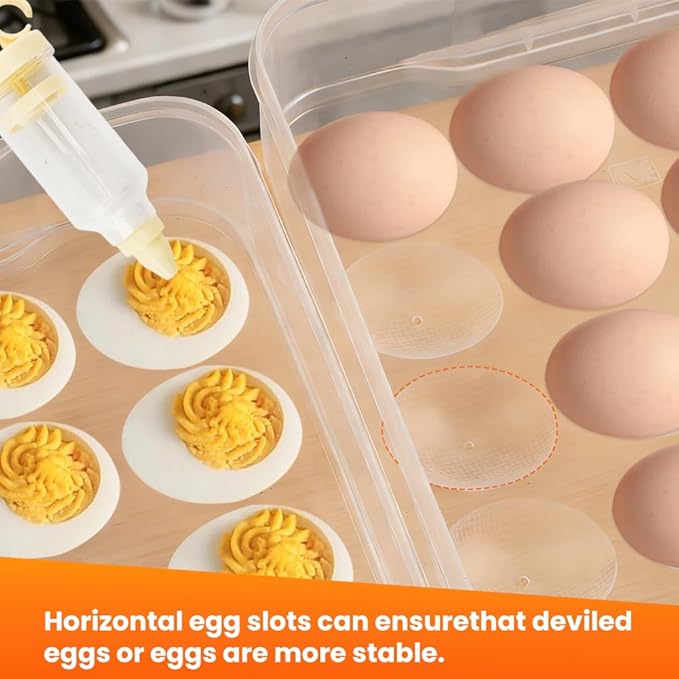 2-Layer Easter Deviled Egg Containers With Lid,48PCS Deviled Eggs Tray Carrier with Hand Injector Piping Tool, Platter Holder Organizer for Refrigerator Party Picnic Travel