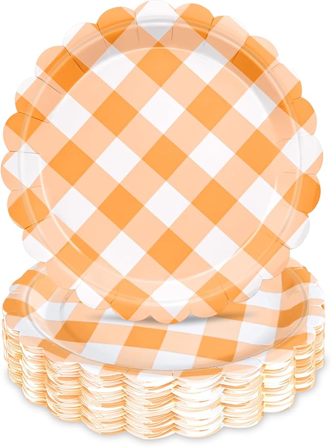 48 Pcs 7" Orange Gingham Paper Plates, Disposable Orange and White Checkered Party Plates with Scalloped Edges, Fall Plaid Dessert Plates for Pumpkin Baby Shower, Picnic, Thanksgiving, Birthday Party