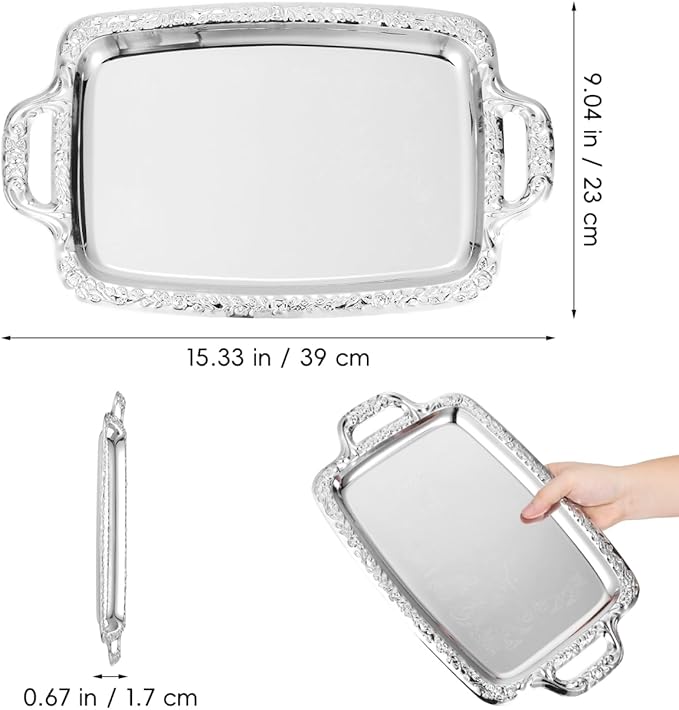 Rectangular Silver Serving Tray - Vintage Metal Tray for Whiskey - Dining Tableware and Decorative Platter Perfect for Entertaining and Home Decor
