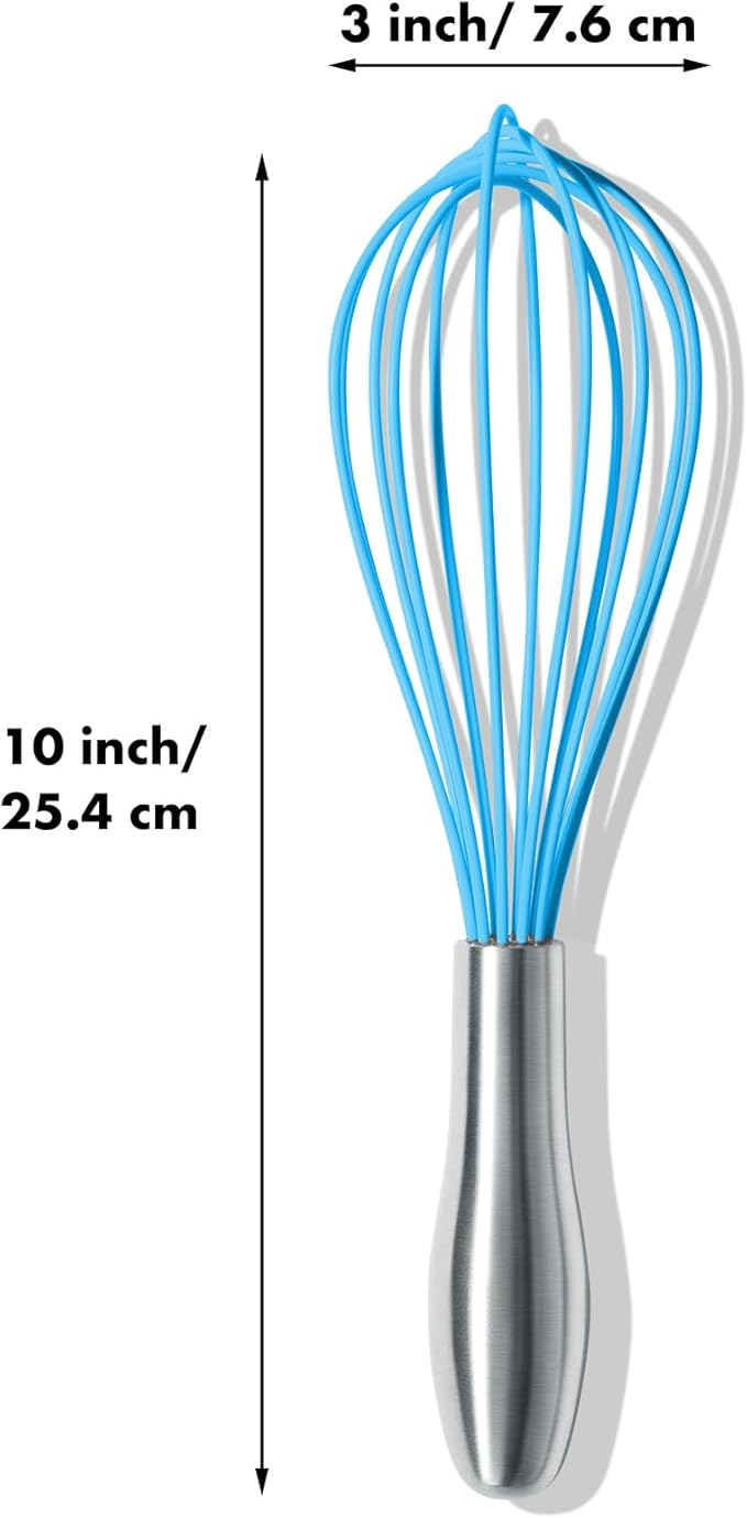 10-Inch Blue Silicone Whisk, Heat Resistant 480°F Kitchen Whisk with Stainless Steel Ergonomic Handle, Non-Scratch for Nonstick Cookware, Dishwasher Safe, Perfect for Blending, Cooking & Beating