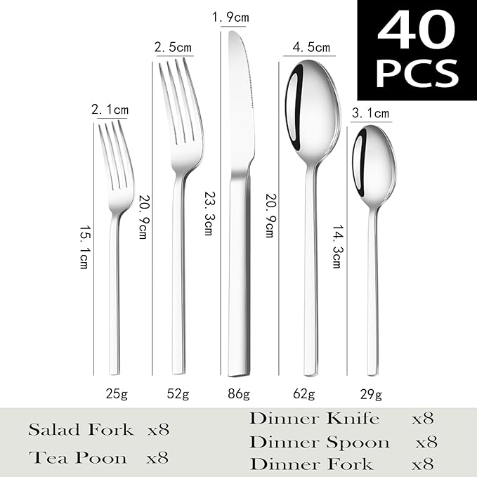 Silverware Set, 40-Piece Forged Flatware Cutlery Set Premium Stainless Steel, Service for 8, for Home, Wedding, Party,Gift, Mirror Polished and Dishwasher Safe