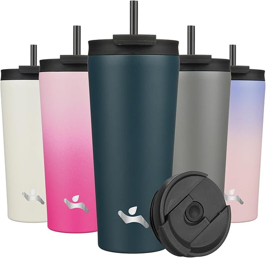 22 OZ Insulated Tumbler with Lid and 2 Straws Stainless Steel Water Bottle Vacuum Travel Mug Coffee Cup,Navy Blue