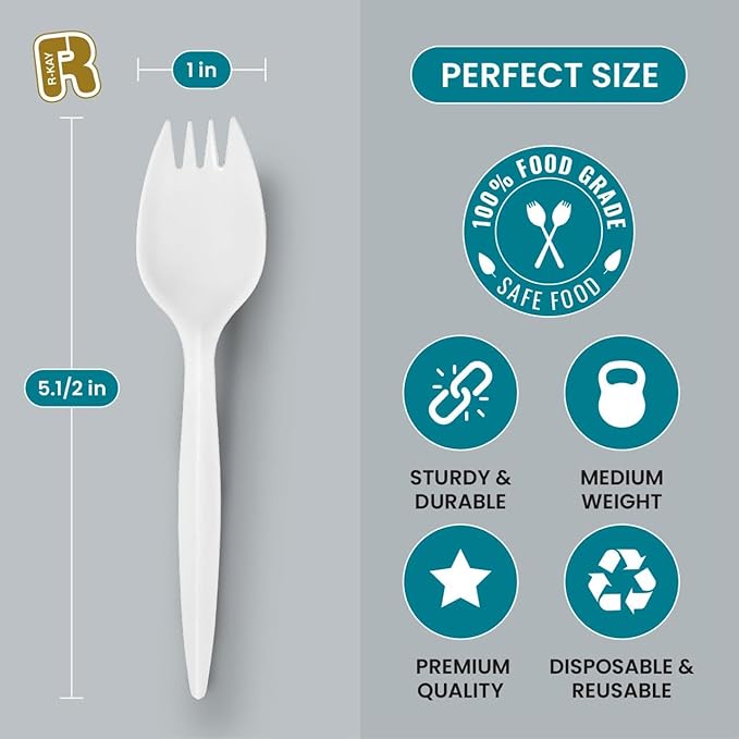 White Plastic Sporks Bulk 1000 Count - Medium Weight Bulk Sporks Disposable For Home, Parties And Caterings, Premium Disposable Sporks.