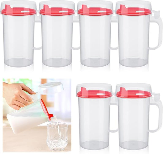 6 Pack Early Learning Kids Easy Pouring Mini Pitchers Clear Plastic Pitcher with Lid and Handle Easy Pour Bottles 16 Oz. Jugs with Lids for Classroom Nursery Home (Red)