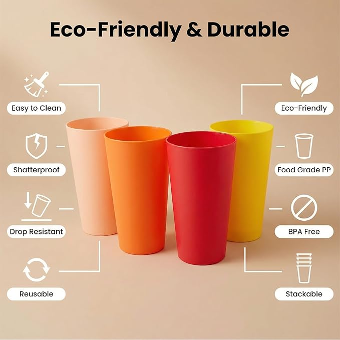 32 oz Large Plastic Cups Reusable, Big Drinking Cups for Kitchen, Stackable Water Tumblers, BPA-free, Dishwasher Safe, Unbreakable Bright Colors set of 12 Indoor Outdoor Use