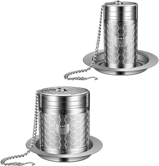 2Pack Tea Infusers for Loose Tea, Extra Fine Mesh 316 Stainless Steel Tea Strainers, Loose Leaf Tea Steeper Tea Diffuser Tea Holder with Extended Chain Hook and Drip Tray (Large + Extra Small)