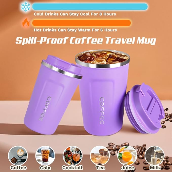 Travel coffee mugs leak-proof, reusable coffee cup with lid, stainless steel vacuum insulated coffee tumblers, thermal insulation cups for men & women keep drinks hot & cold (2nd-Purple, 12OZ)