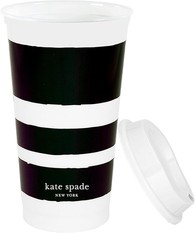 kate spade new york Black/White Reusable Coffee Cups with Lids, Travel Tumbler Set of 4, 16oz BPA-Free Plastic Cups with Lids, Coffee Mugs for Hot or Cold Drinks, Dots and Stripes