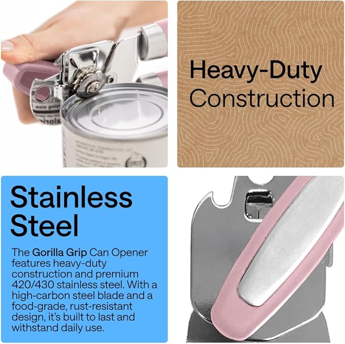 GORILLA GRIP Heavy Duty Stainless Steel Smooth Edge Manual Can Opener and Bottle Openers, Soft Comfortable Handle, Oversized Handheld Turn Knob, US Designed Multifunctional Kitchen Tool, Pink