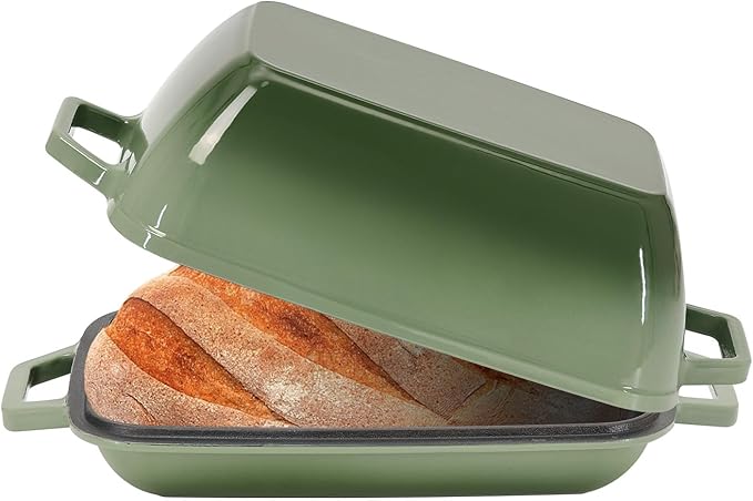 Oval Cast Iron Dutch Oven for Bread Baking 12x8 Inch Enameled Bread Pan with Lid 6QT Cast Iron Bread Dutch Oven for Sourdough，Green