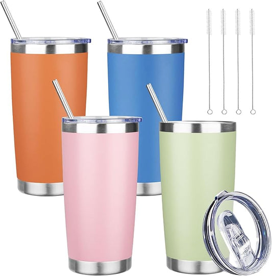 20 oz Tumbler with Lids and Straws, Stainless Steel Insulated Travel Coffee Mug, Double Wall Vacuum Insulated Tumblers, Powder Coated Coffee Tumbler for Cold & Hot Drinks (Mix Color-8, 4 Pack)