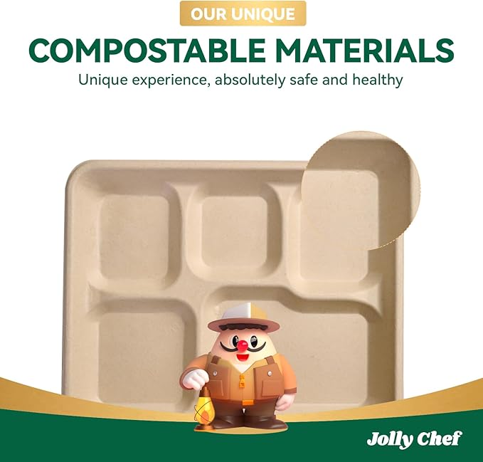 JOLLY CHEF Compostable 𝟱 Compartment Paper Plates 10 * 8.25 * 1 𝗶𝗻𝗰𝗵 [𝟱𝟬𝟬 𝗣𝗮𝗰𝗸] Small Heavy Duty Divided Disposable Eco-Friendly Biodegradable Food Trays for School Lunch Christmas(Brown)